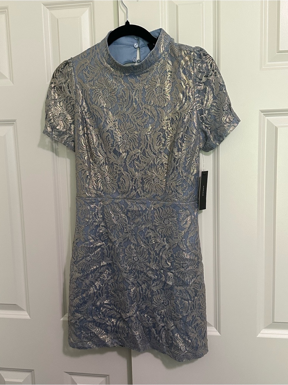 Lulu's Silver and Blue Metallic Lace High-Neck Short Dress